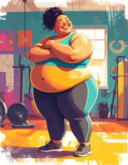 Body confident woman embracing her body, expressing self-love and self-acceptance. Young plus-size woman standing in a studio in fitness clothing, embracing her natural physique with joy.