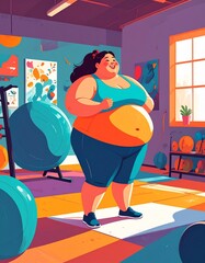 Body confident woman embracing her body, expressing self-love and self-acceptance. Young plus-size woman standing in a studio in fitness clothing, embracing her natural physique with joy.