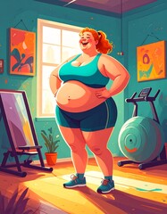 Body confident woman embracing her body, expressing self-love and self-acceptance. Young plus-size woman standing in a studio in fitness clothing, embracing her natural physique with joy.