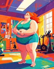 Body confident woman embracing her body, expressing self-love and self-acceptance. Young plus-size woman standing in a studio in fitness clothing, embracing her natural physique with joy.