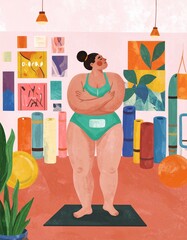 Body confident woman embracing her body, expressing self-love and self-acceptance. Young plus-size woman standing in a studio in fitness clothing, embracing her natural physique with joy.