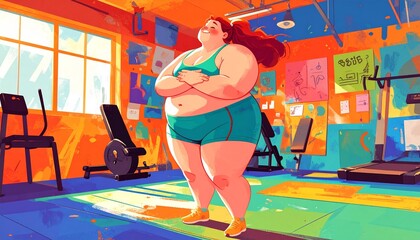 Body confident woman embracing her body, expressing self-love and self-acceptance. Young plus-size woman standing in a studio in fitness clothing, embracing her natural physique with joy.