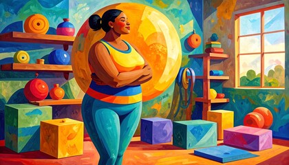 Body confident woman embracing her body, expressing self-love and self-acceptance. Young plus-size woman standing in a studio in fitness clothing, embracing her natural physique with joy.