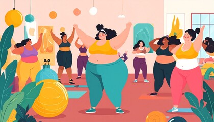 Body confident woman embracing her body, expressing self-love and self-acceptance. Young plus-size woman standing in a studio in fitness clothing, embracing her natural physique with joy.