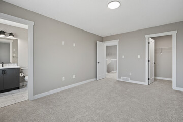 Large, empty bedroom with a bathroom next to it