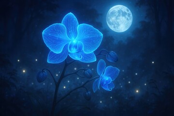 Enchanted bioluminescent orchid glowing with ethereal blue light in mystical moonlit garden setting