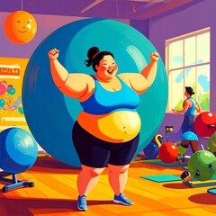 Body confident woman embracing her body, expressing self-love and self-acceptance. Young plus-size woman standing in a studio in fitness clothing, embracing her natural physique with joy.