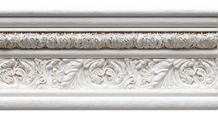 White Decorative Molding with Floral and Ribbed Patterns, Architectural Element Closeup