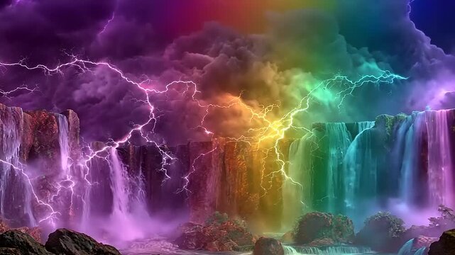 Spectacular Rainbow Waterfall Displaying Vivid Colors and Electric Lightning Storm