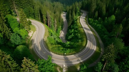 Top view or aerial of the road passing through the mountain and green forest.Curve asphalt road on mountain forest summer