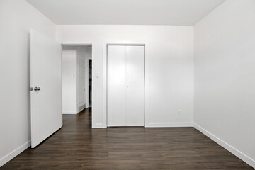 White room with a wooden floor and a white closet