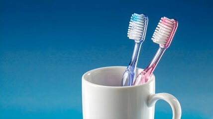Two toothbrushes and a cup.