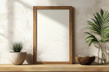 Wooden frame with plants on shelf against textured wall