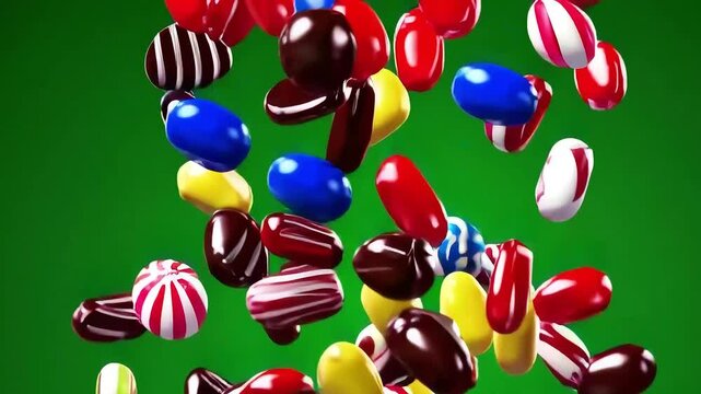 Colorful Candy Falling Against Bright Green Background with ai generated