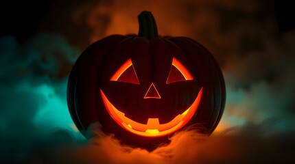 Cute happy jack o lantern silhouette in front of a colorful smoky background. 