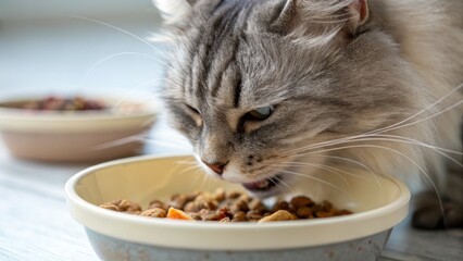 Close-Up of a Cat Feeding from a Bowl of Dry Cat Food