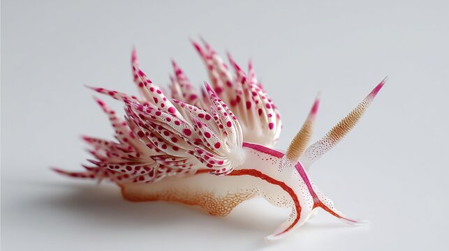 Striking nudibranch close-up; white body with red spots and cerata