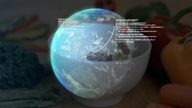 By third frame holographic Earth globe rising above bowl code snippets circling visualizing data