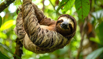 Obraz premium A serene sloth hanging amidst the lush greenery of the tropical rainforest canopy