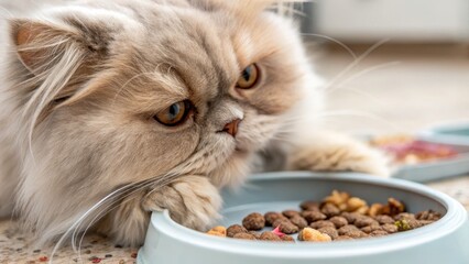 Close-up of a Persian Cat Looking at Food Bowl with Curiosity