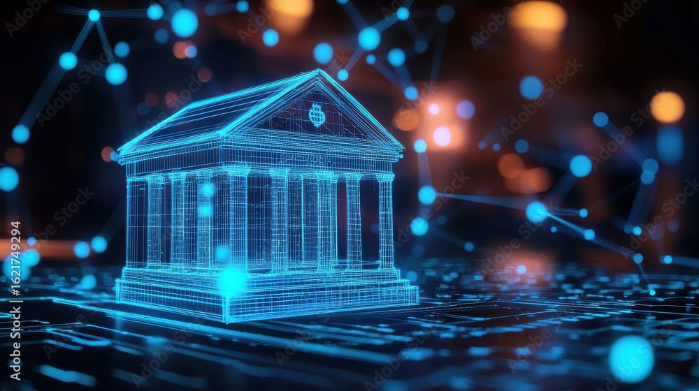 Poster glowing wireframe representation of a modern digital banking or financial institution building symbo