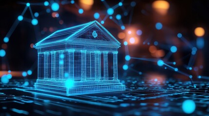 Glowing wireframe representation of a modern digital banking or financial institution building symbolizing technological innovation and automation in the financial sector