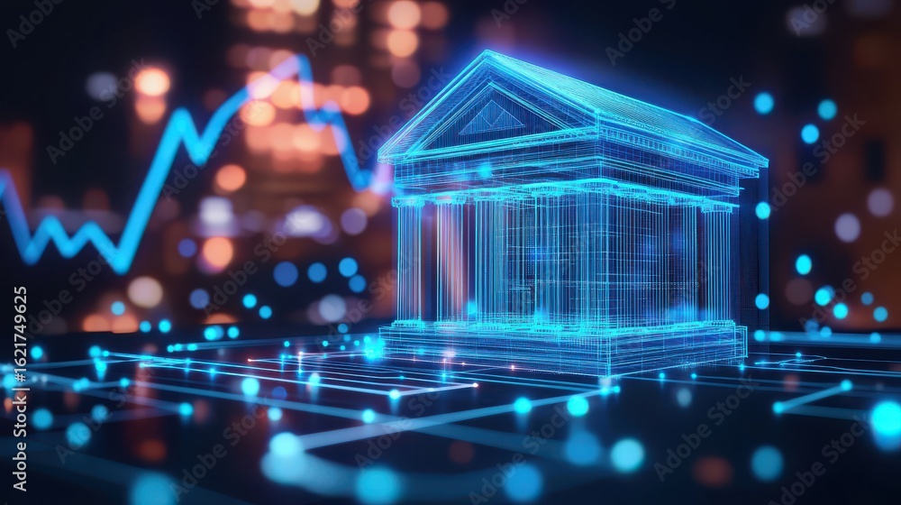 Poster glowing neon digital banking and finance building with abstract data analytics charts and graphs rep