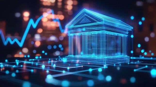 Glowing neon digital banking and finance building with abstract data analytics charts and graphs representing the technological innovation and digital transformation in the financial industry