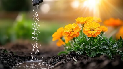 Closeup of brightly colored marigold flowers thriving in a well tended garden with water droplets from a fresh spring watering shimmering on the petals and foliage