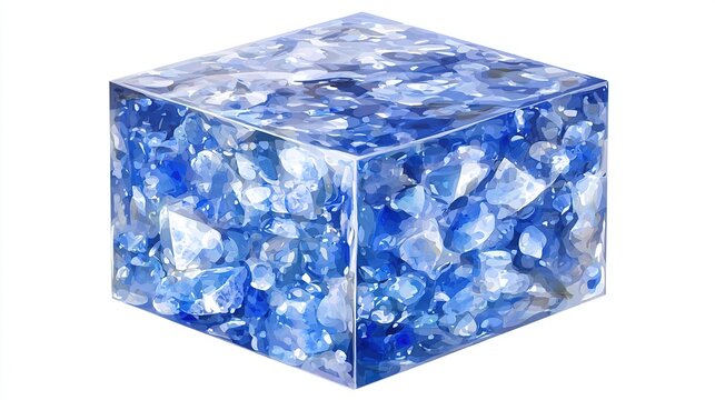 Translucent blue cube filled with smaller blue and white geometric shapes