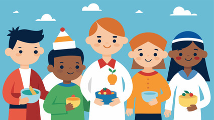 Celebrating Diversity A festive event in the school where children are showcasing their cultures wearing traditional clothes and sharing food illustrating the importance of