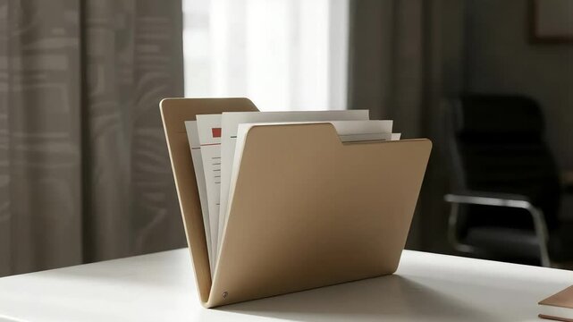 Professional shot of a file folder filled with important documents on a clean office desk, symbolizing organization, administrative work, and data management.