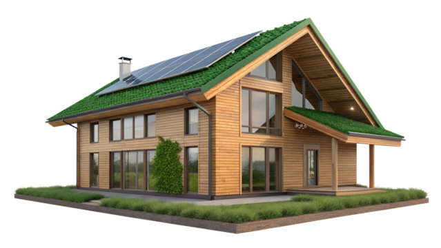 House with green roof, solar panels, and natural building materials, PNG, isolated on transparent background.