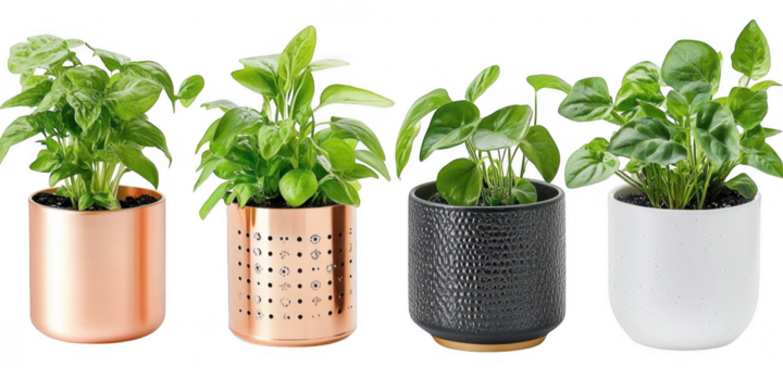 Four potted plants in a row on transparent png background - Powered by Adobe
