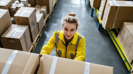 A worker carefully packaging items in a cardboard box at a busy warehouse station.