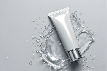 Hydrating skincare tube elegantly splashes through clean water, promoting freshness and purity for beauty brands