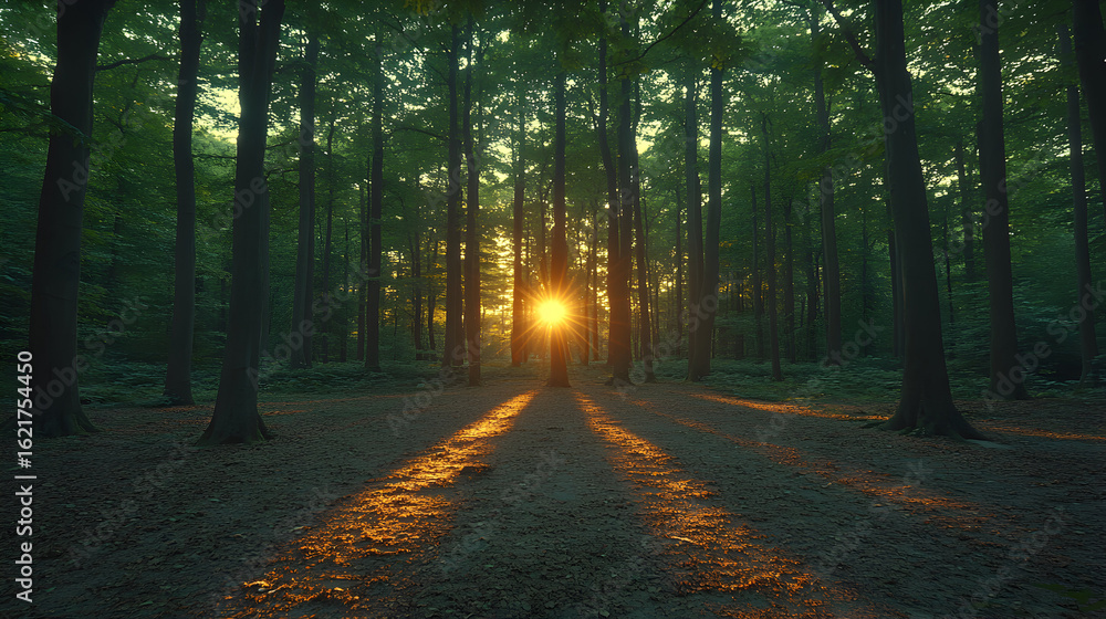 Poster sunset view through a forest path