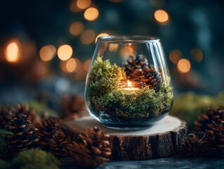  Cozy winter scene in a glass jar with a candle, moss, and pine cones on a wooden slab. Soft light from a bokeh background creates a warm, festive atmosphere.
