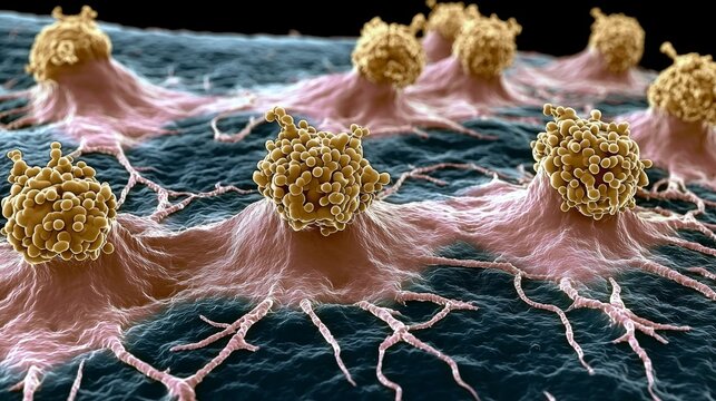 High magnification view of bladder cancer cells reveals unique textures.