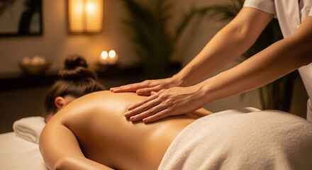 Obraz premium Woman receiving relaxing back massage in calming spa environment for wellness and holistic health