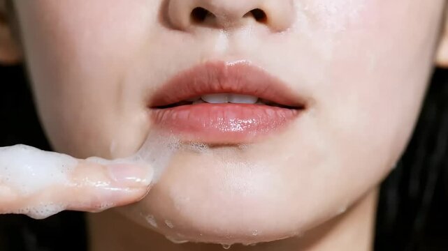 Close-up of a young woman's lower face while cleansing her skin. Gentle foam is applied with a finger around her lips and chin, showcasing a clean, fresh, and skincare-focused aesthetic. The image hig