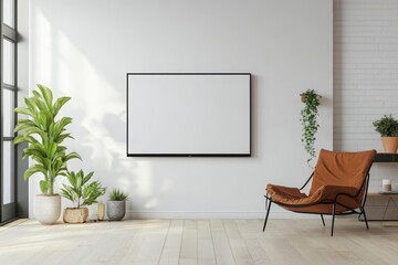 Living room with blank screen and plants in a minimalist style