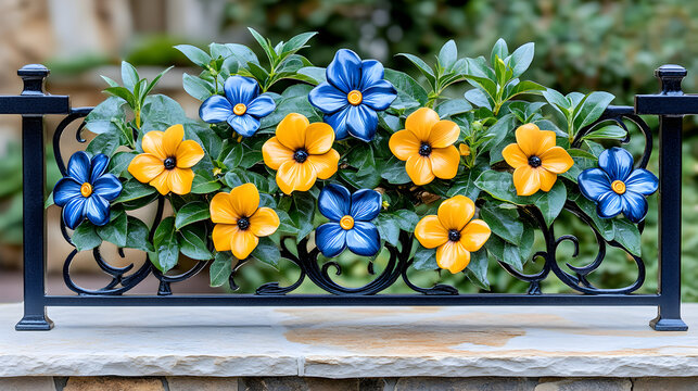 Yellow and blue flowers in a planter on a black metal fence.