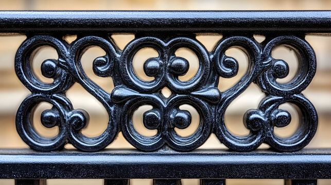 Close-up of an ornate, black metal fence detail.