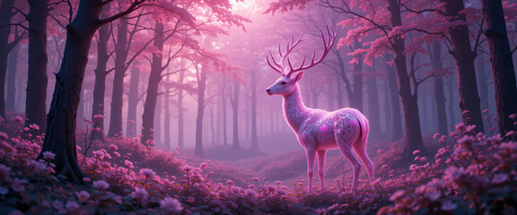 Glowing Fantasy Deer in Pink Forest