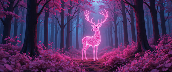 Glowing Fantasy Deer in Pink Forest