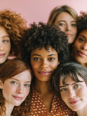 Obraz premium Diverse Group of Women Showcasing Unique Hairstyles in a Studio With a Soft Pink Background