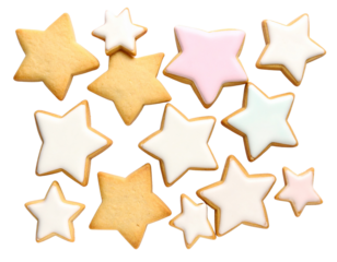 Overlapping Star Cookies with Mixed Sizes and Icing Styles, Top View Cluster, Transparent PNG
