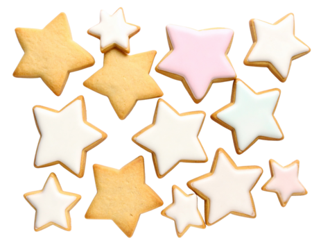 Overlapping Star Cookies with Mixed Sizes and Icing Styles, Top View Cluster, Transparent PNG