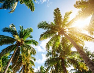 Palm trees reaching towards a bright sun in a clear blue sky, creating a tropical and sunny scene.